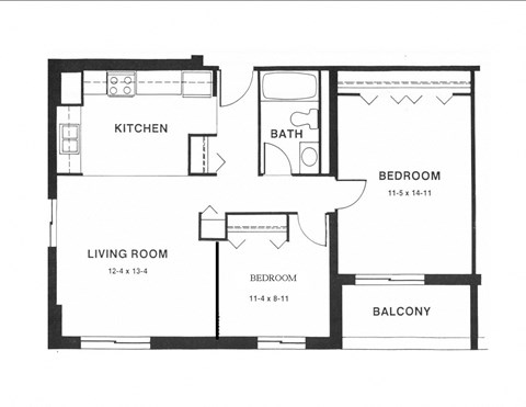 Floor plan for 2 beds, 1 bath, 725 sqft